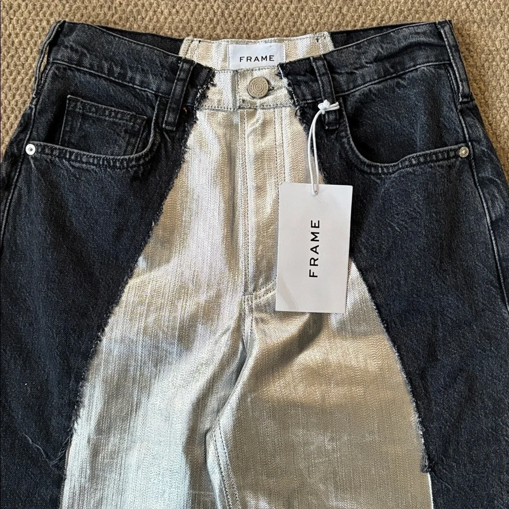 NWT FRAME Pieced Metallic Silver Black Straight Leg Jeans Size 26 Retail $448